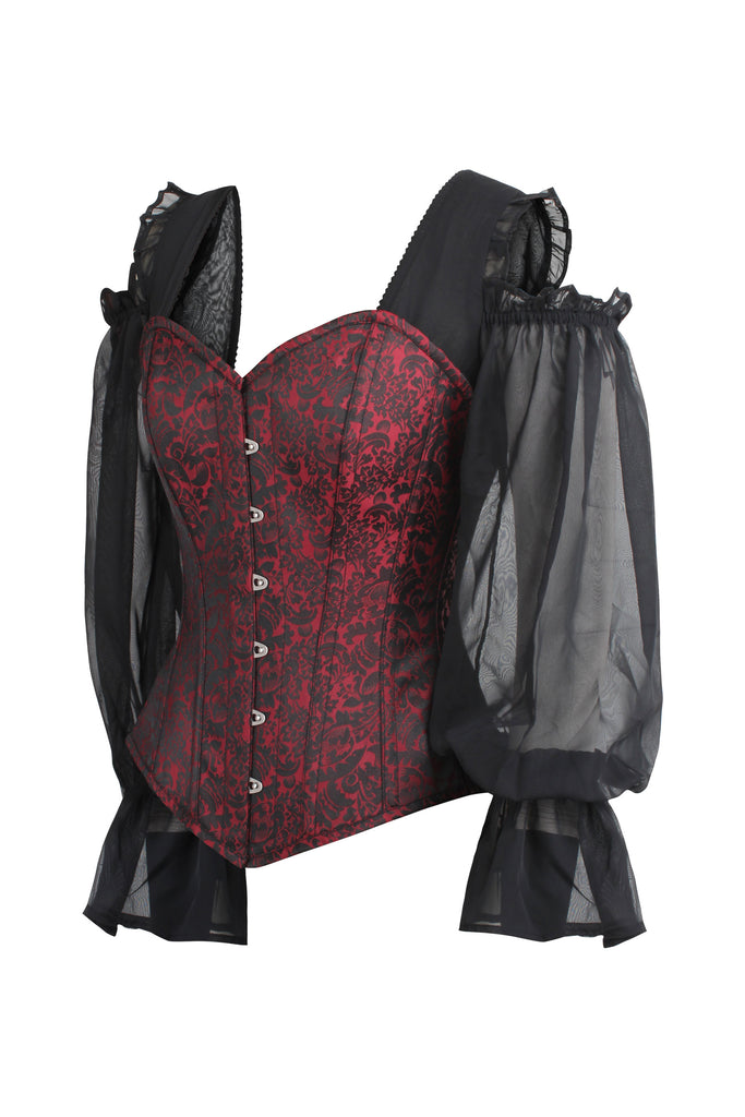 Red and Black Brocade Corset Top with Long Chiffon Sleeves