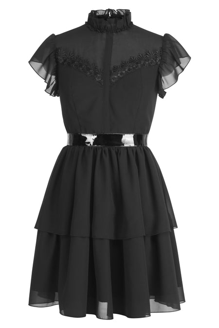 Timeless Black Tiered Dress with Sheer Lace & Ruffle Sleeves