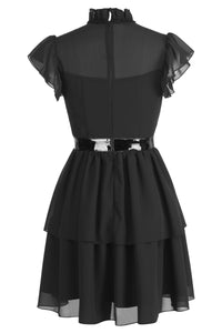 Timeless Black Tiered Dress with Sheer Lace & Ruffle Sleeves