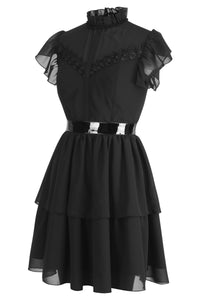 Timeless Black Tiered Dress with Sheer Lace & Ruffle Sleeves