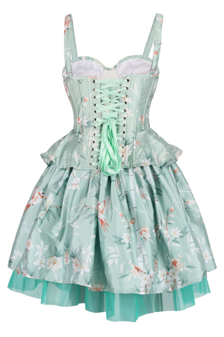 Vintage-Inspired Floral Corset & Skirt Set in Mint Satin