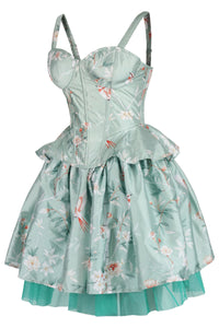 Vintage-Inspired Floral Corset & Skirt Set in Mint Satin