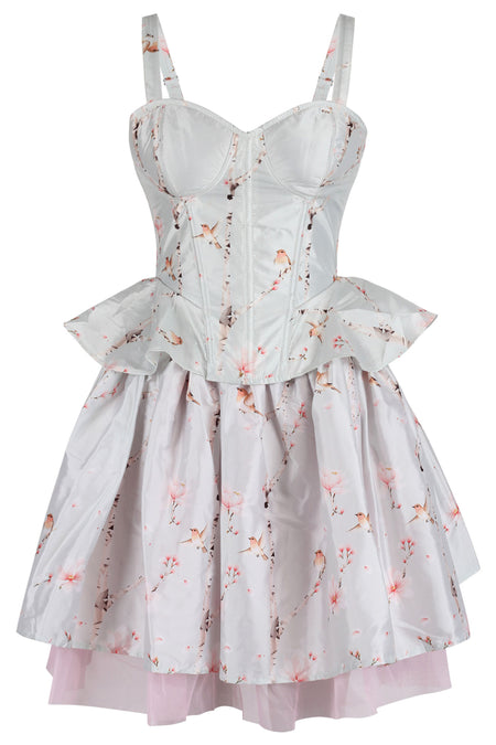 Frosted Blossom Corset & Skirt Set with Soft Pink Bird Print