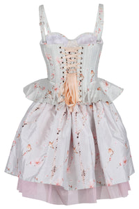 Frosted Blossom Corset & Skirt Set with Soft Pink Bird Print