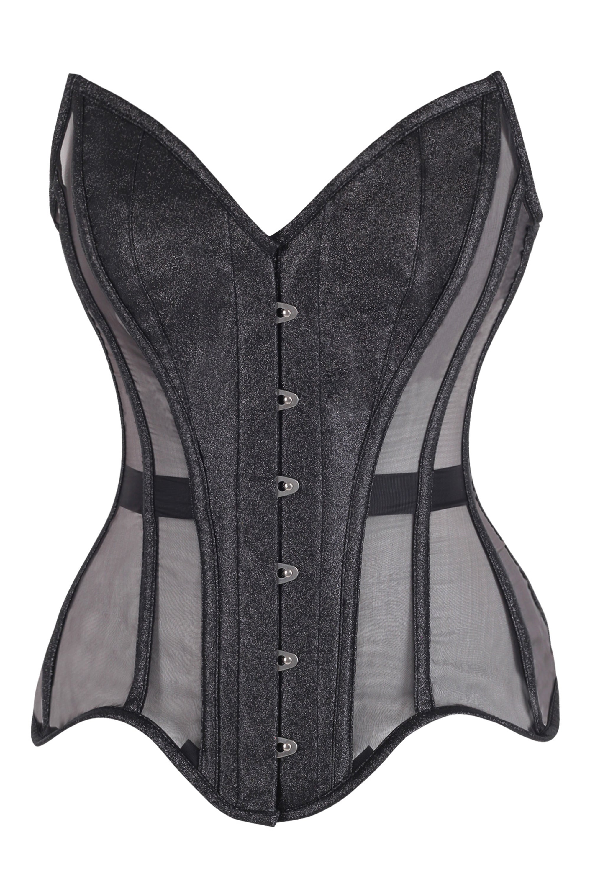 Midnight Sheer Mesh Corset – Shimmer Black Lace-Up Waist Cincher
