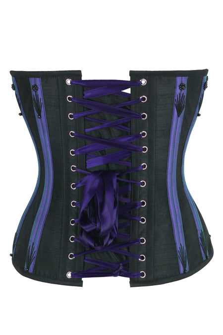 Black Overbust Corset with Purple Boning Channels and Flossing