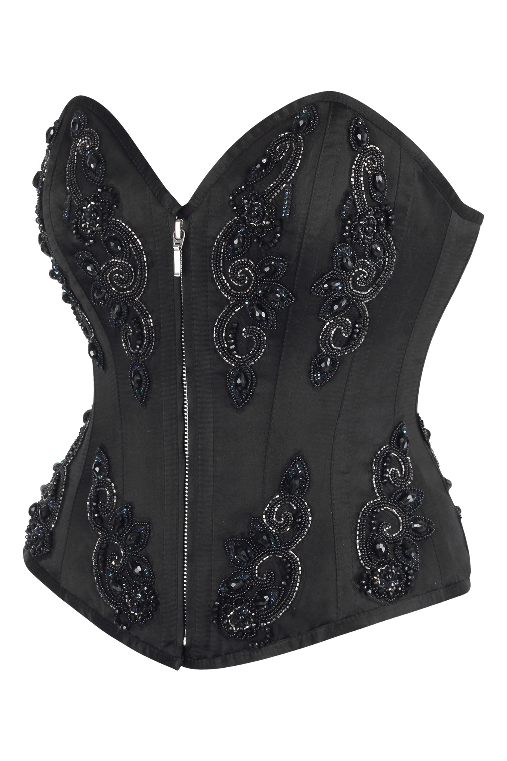 fig London◎ Carol bustier Black Beaded Gothic Zip Corset – Elegant Embellished Bustier