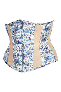Blue Willow Toile Underbust Corset with Navy Ribbon Lacing