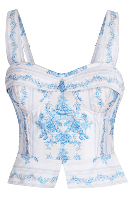 Vintage Blue Floral Toile Shoulder Strap Corset Top