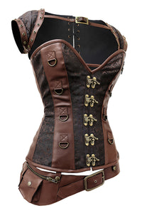 Brown Steampunk Overbust Corset with Shrug, Swing Hooks & Utility Belt
