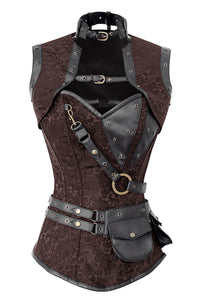 Brown Steampunk Overbust Corset with Black Faux Leather Harness and Utility Pouch
