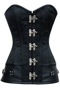 Gothic Black Brocade Longline Overbust Corset with Swing Hook Closure and Faux Leather Trim