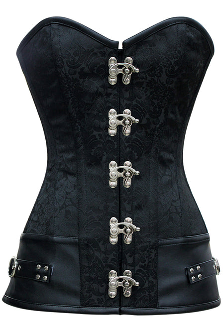 Gothic Black Brocade Longline Overbust Corset with Swing Hook Closure and Faux Leather Trim