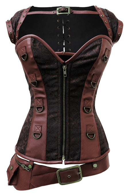 Steampunk Brown Overbust Corset with Front Zip, Shrug and Utility Belt