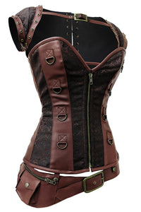 Steampunk Brown Overbust Corset with Front Zip, Shrug and Utility Belt
