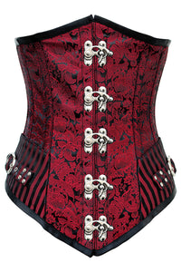 Red and Black Brocade Underbust Corset with Swing Hook Closure and Striped Panels