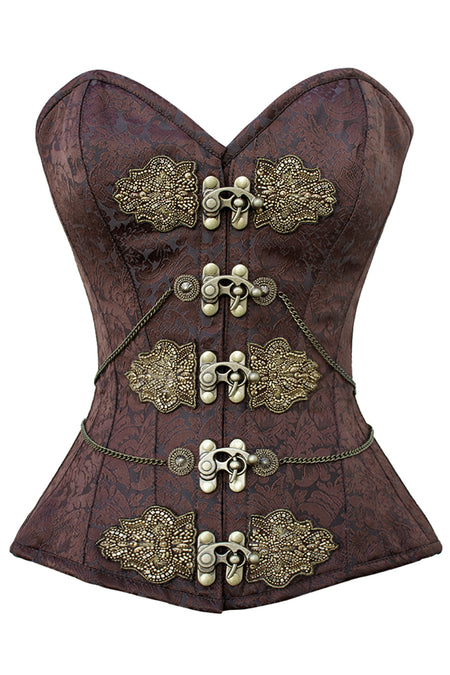 Ornate Brown Brocade Overbust Corset with Antique Brass Appliqués and Swing Hooks