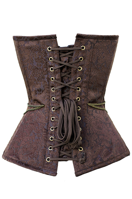 Ornate Brown Brocade Overbust Corset with Antique Brass Appliqués and Swing Hooks