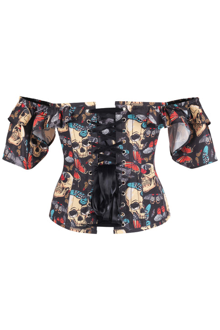 Butterfly and Skull Print Corset Top With Frilled Sleeve