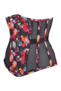 Floral Print Cotton Longline Underbust Corset with Black Mesh Panels