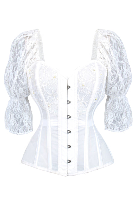 White Mesh Overbust Bridal Corset with Lace Sleeves