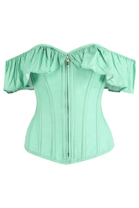 Mistletoe Green Cotton Corset Top with Frill Sleeves