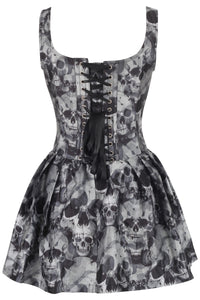 Gothic Skull Print Corset Dress – Zip Front & Lace-Up Back