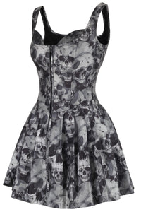 Gothic Skull Print Corset Dress – Zip Front & Lace-Up Back