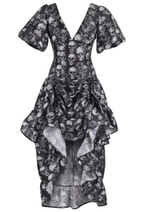 Gothic Skull Print High-Low Corset Dress with Puff Sleeves