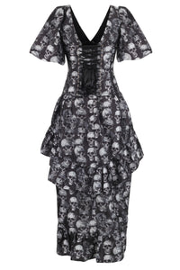 Gothic Skull Print High-Low Corset Dress with Puff Sleeves