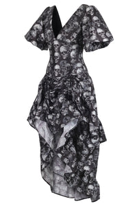 Gothic Skull Print High-Low Corset Dress with Puff Sleeves