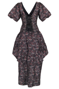 Dark Romantic Corset Gown with Puff Sleeves and Draped High-Low Skirt