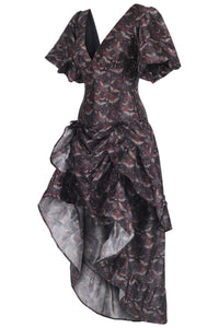 Dark Romantic Corset Gown with Puff Sleeves and Draped High-Low Skirt