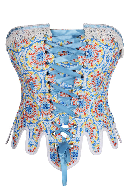 Handmade Steel Boned Corset with Scalloped Hem and Vibrant Mosaic Print