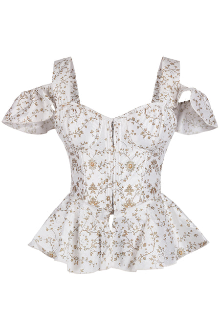 White Floral Peplum Corset with Ruffle Shoulder Straps