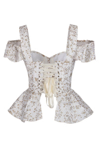 White Floral Peplum Corset with Ruffle Shoulder Straps