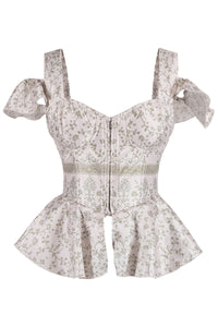 Pale Blush Botanical Peplum Corset with Ruffled Shoulder Straps