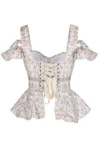 Pale Blush Botanical Peplum Corset with Ruffled Shoulder Straps