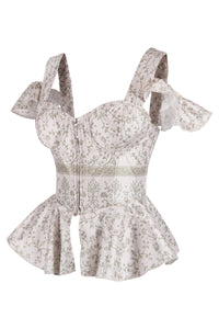 Pale Blush Botanical Peplum Corset with Ruffled Shoulder Straps