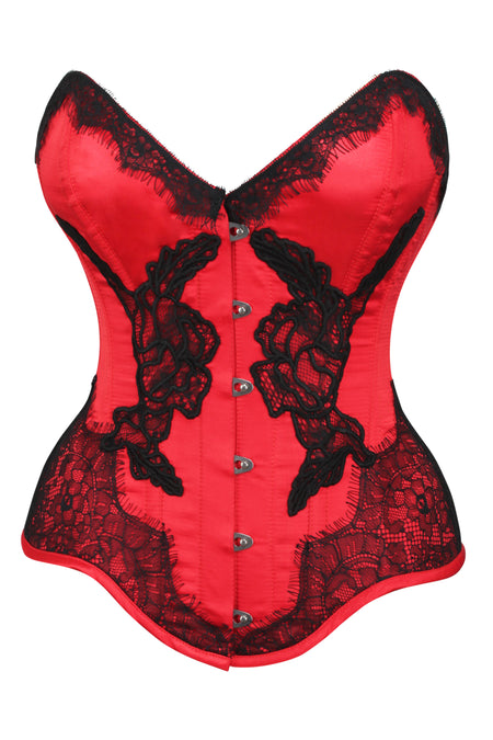 Jenesis Overbust Corset- Red Brocade With Black PVC Overbust