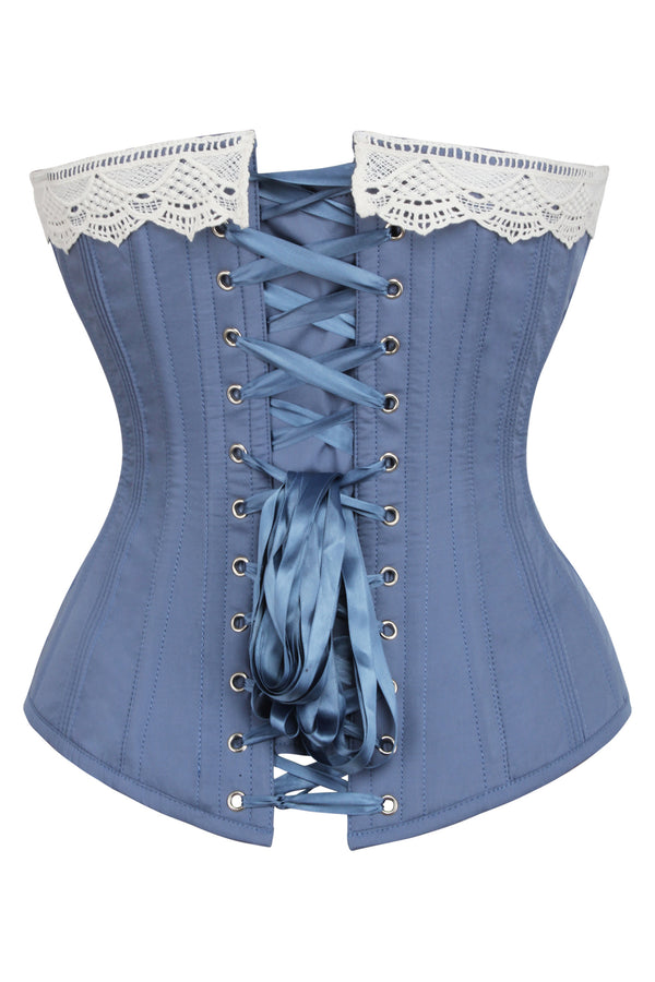 Historically Inspired Blue Longline Corset with Lace Trim