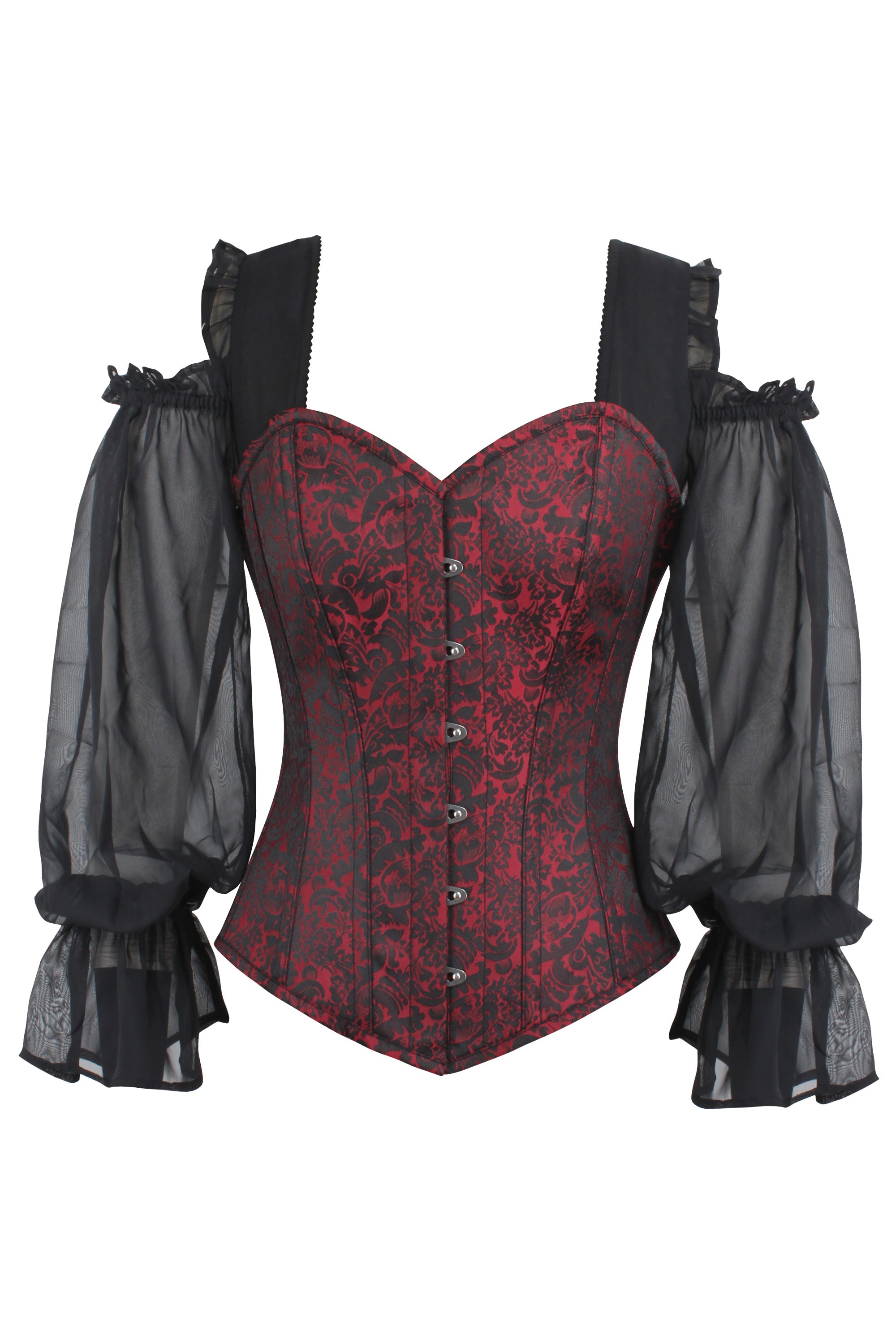 Red and Black Brocade Corset Top with Long Chiffon Sleeves