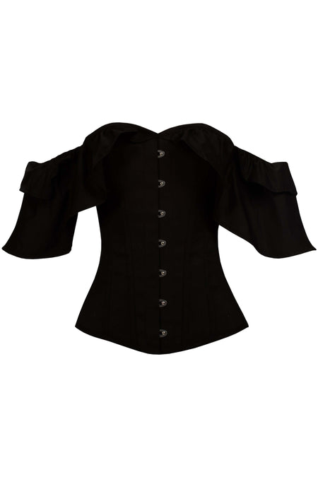 INSTANT SHAPE BLACK MESH CORSET WITH SEMI-SHEER SLEEVES, Our instant shape  mesh blouse has an integral overbust corset offering a flattering waist  reduction of up to two inches. With glamorous embroidery
