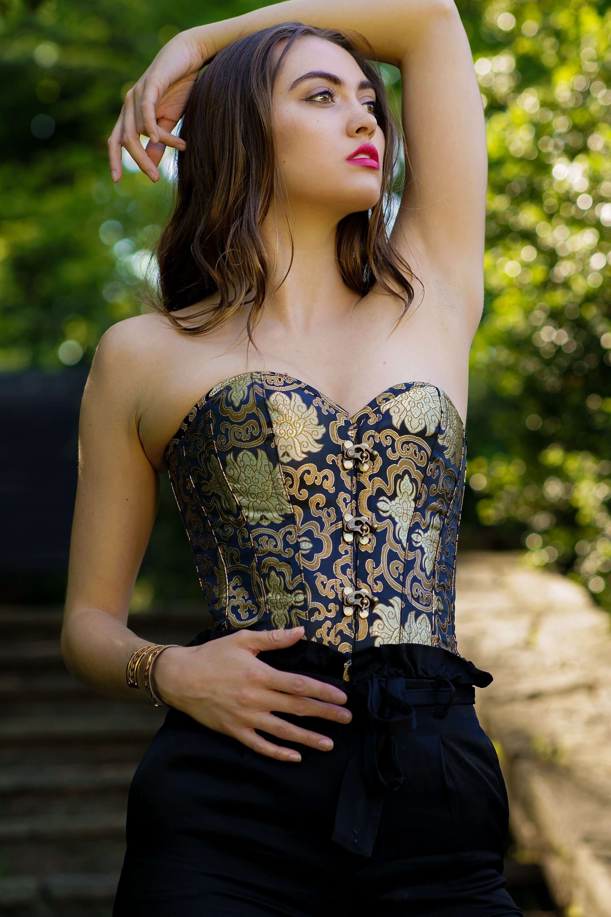 Black With Gold Brocade Pattern Longline Overbust With Hooks