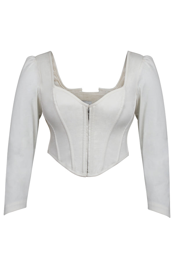 Theodora Whisper White Stretch Cotton Corset Top with Long Sleeves