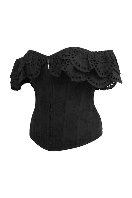 Marigold Black Cotton Corset Top with Frill Sleeves