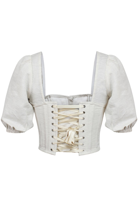 Corset Story SC-050 Fern Oatmeal Linen Cropped Corset With Puff Sleeves