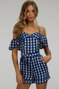 Corset Story SC-066 Ivy Gingham Blue Viscose Corset Playsuit With Off The Shoulder Sleeves