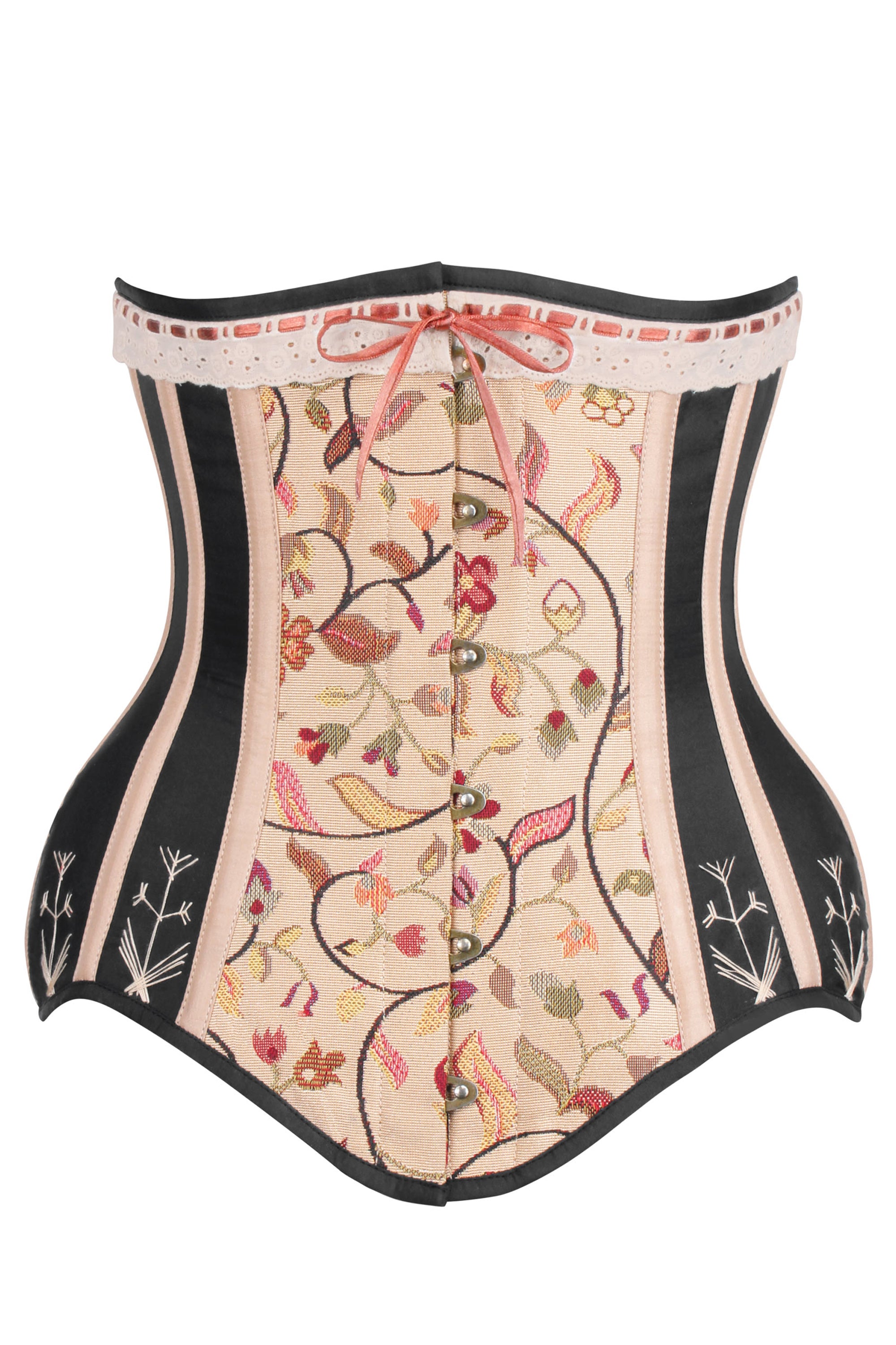 Historically Inspired Beige Longline Corset with Lace and Ribbing